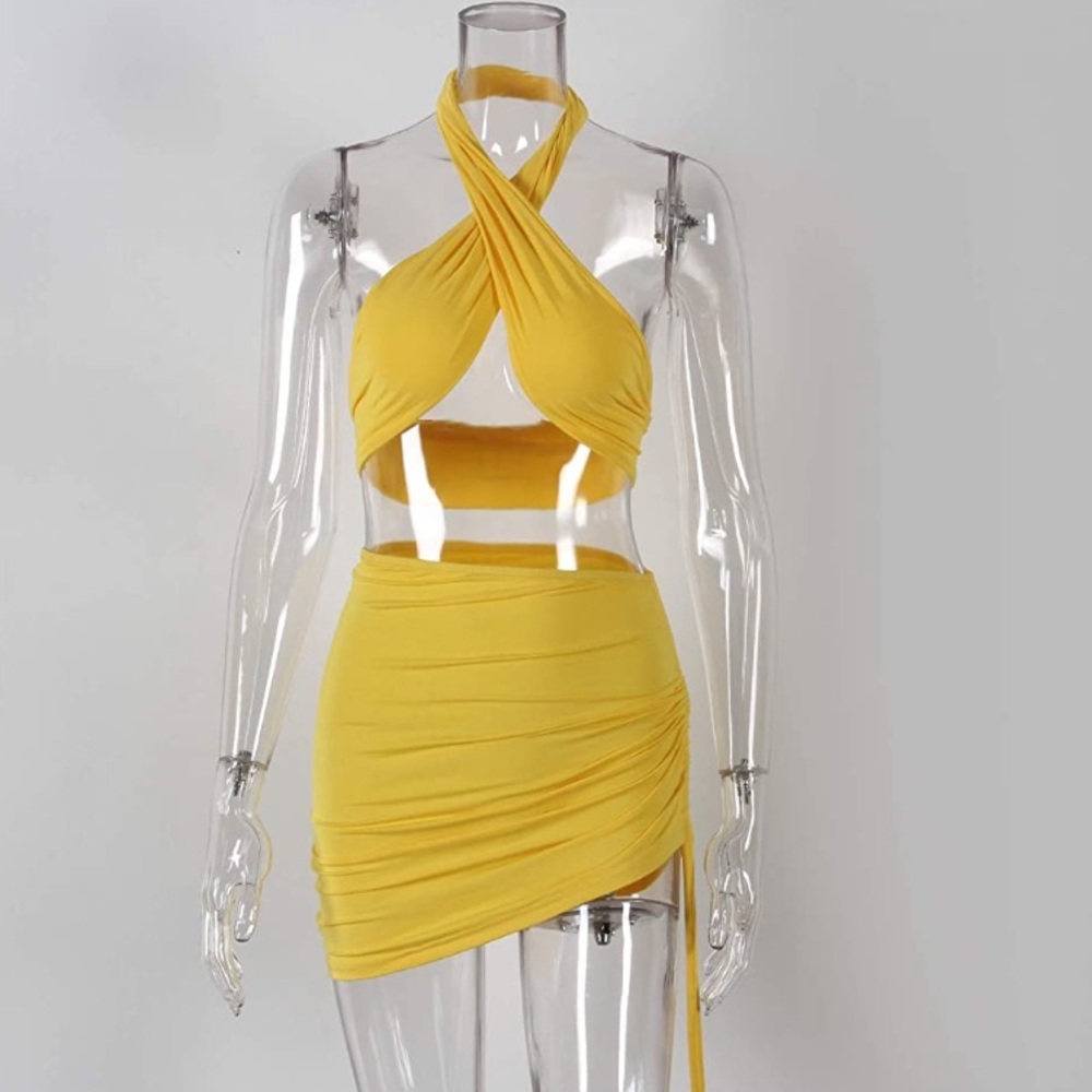 Yellow halter criss cross top ruched skirt set